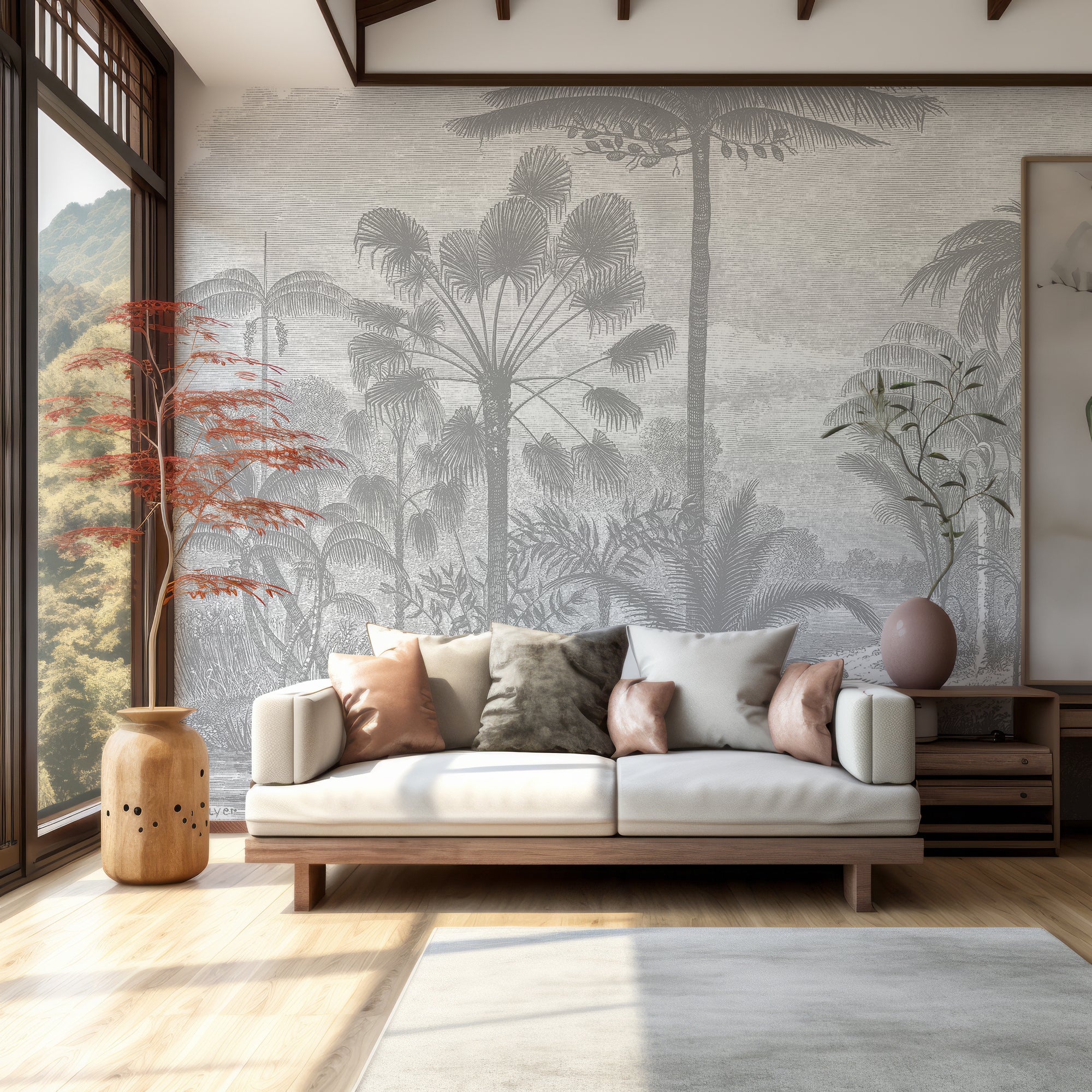 Arthur Grise - Grey Vintage Tropical Etching Wallpaper Mural - Image 3