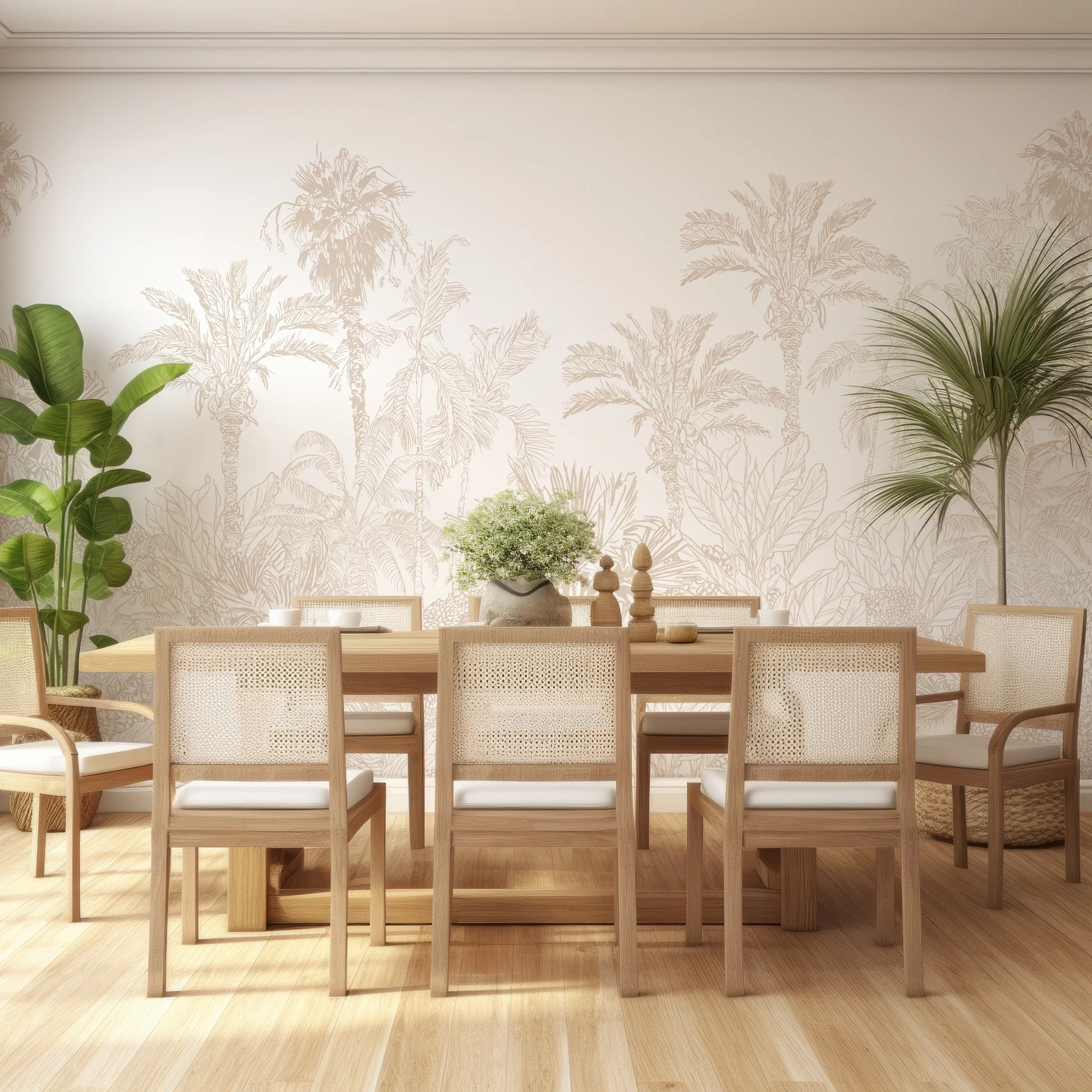 Xynnelt - Beige Etched Tropical Jungle Trees Wallpaper Mural - Image 3