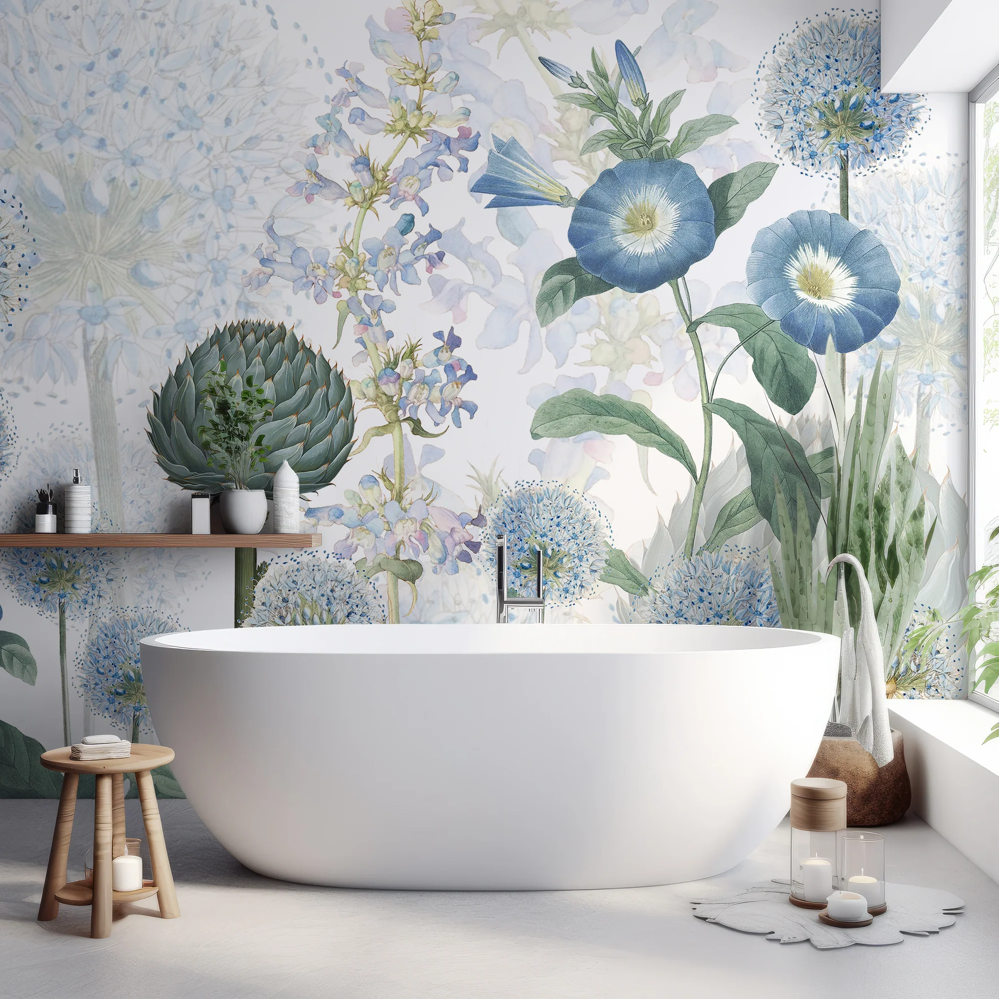 Blue Wild Meadow - Blue, Green and White Watercolour Floral Wallpaper Mural - Image 3