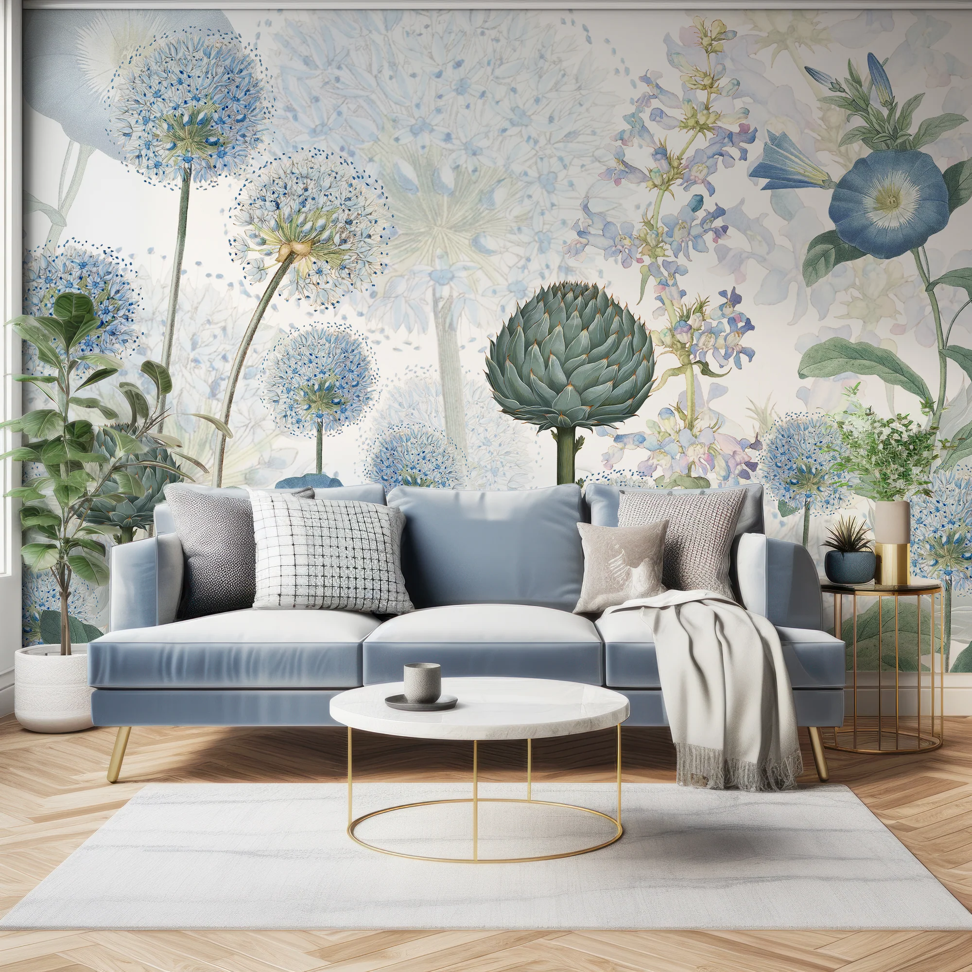 Blue Wild Meadow - Blue, Green and White Watercolour Floral Wallpaper Mural - Image 4