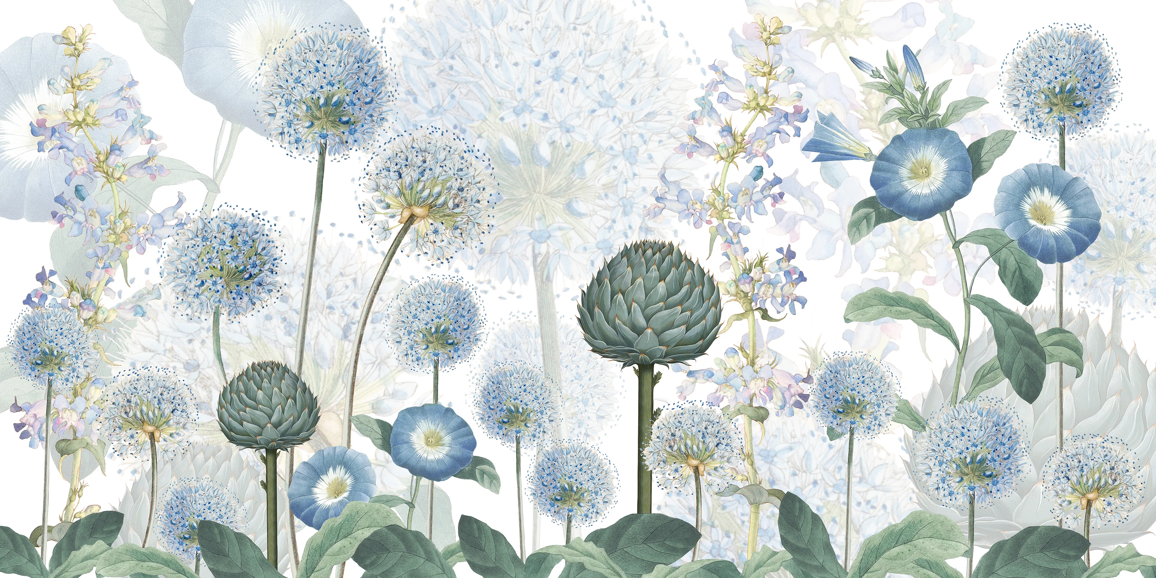 Blue Wild Meadow - Blue, Green and White Watercolour Floral Wallpaper Mural - Image 5