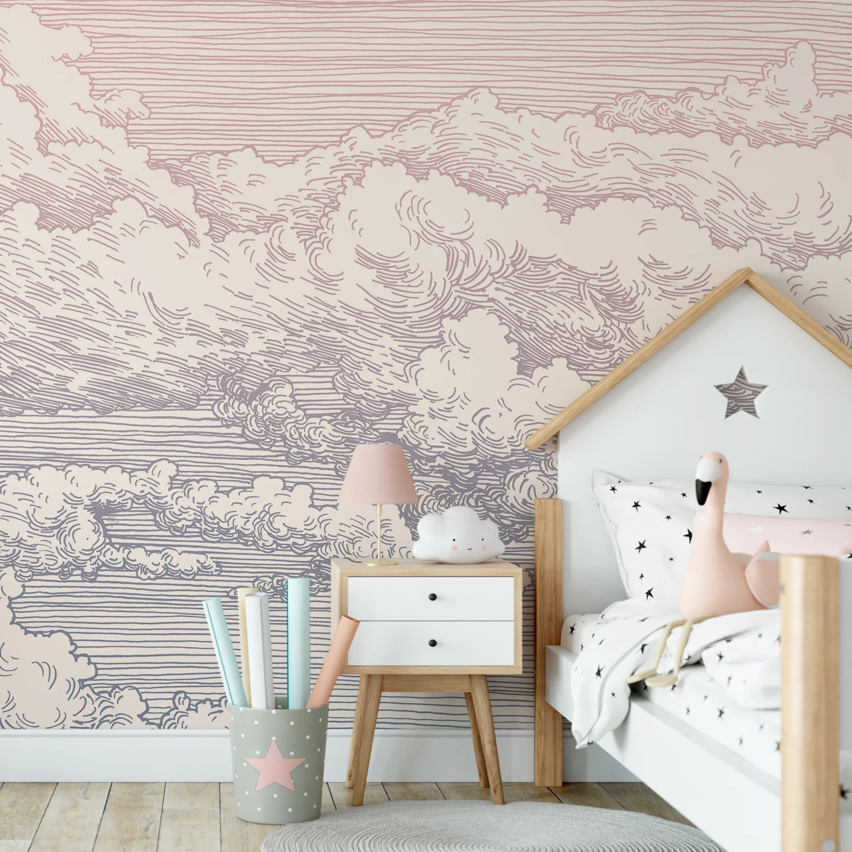 Abut Dreamy - Blue & Pink Gradient Clouds Etched Line Drawing Art Wallpaper Mural - Image 3
