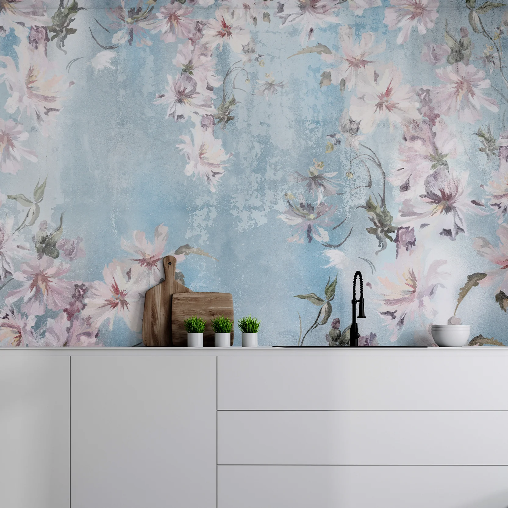 Skye - Blue and Pink Watercolour Flowers Wallpaper Mural - Image 3