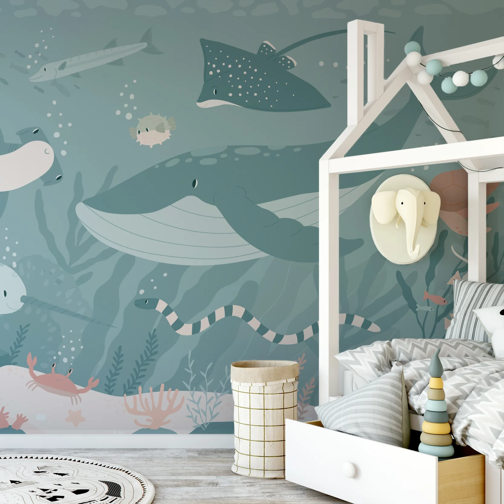 Submerged Fantasia Blush Green - Blush Green Children's Colourful Underwater Sea Life Wallpaper Mural - Image 3