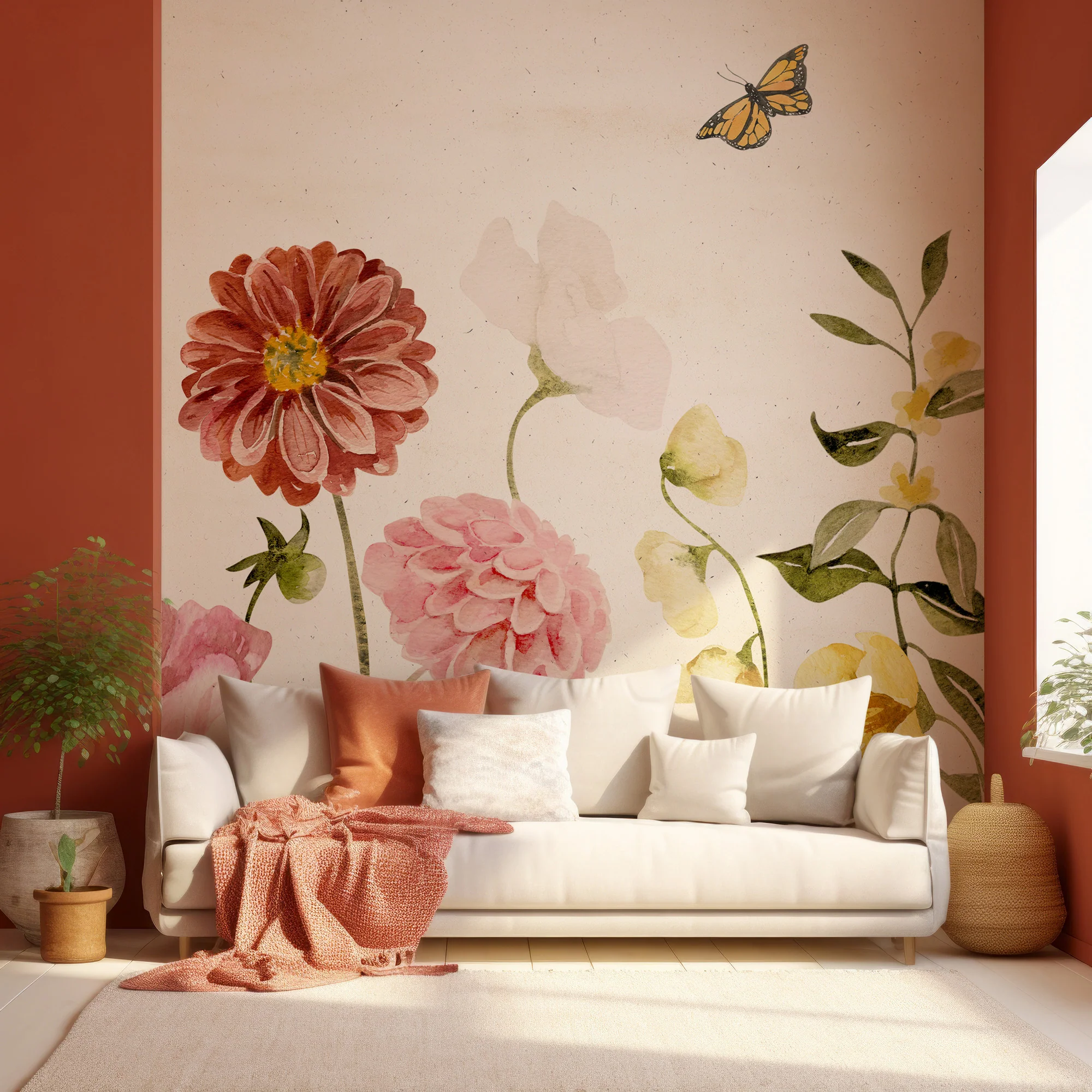 Garden Party - Colourful Warm Watercolour Flowers Wallpaper Mural - Image 3