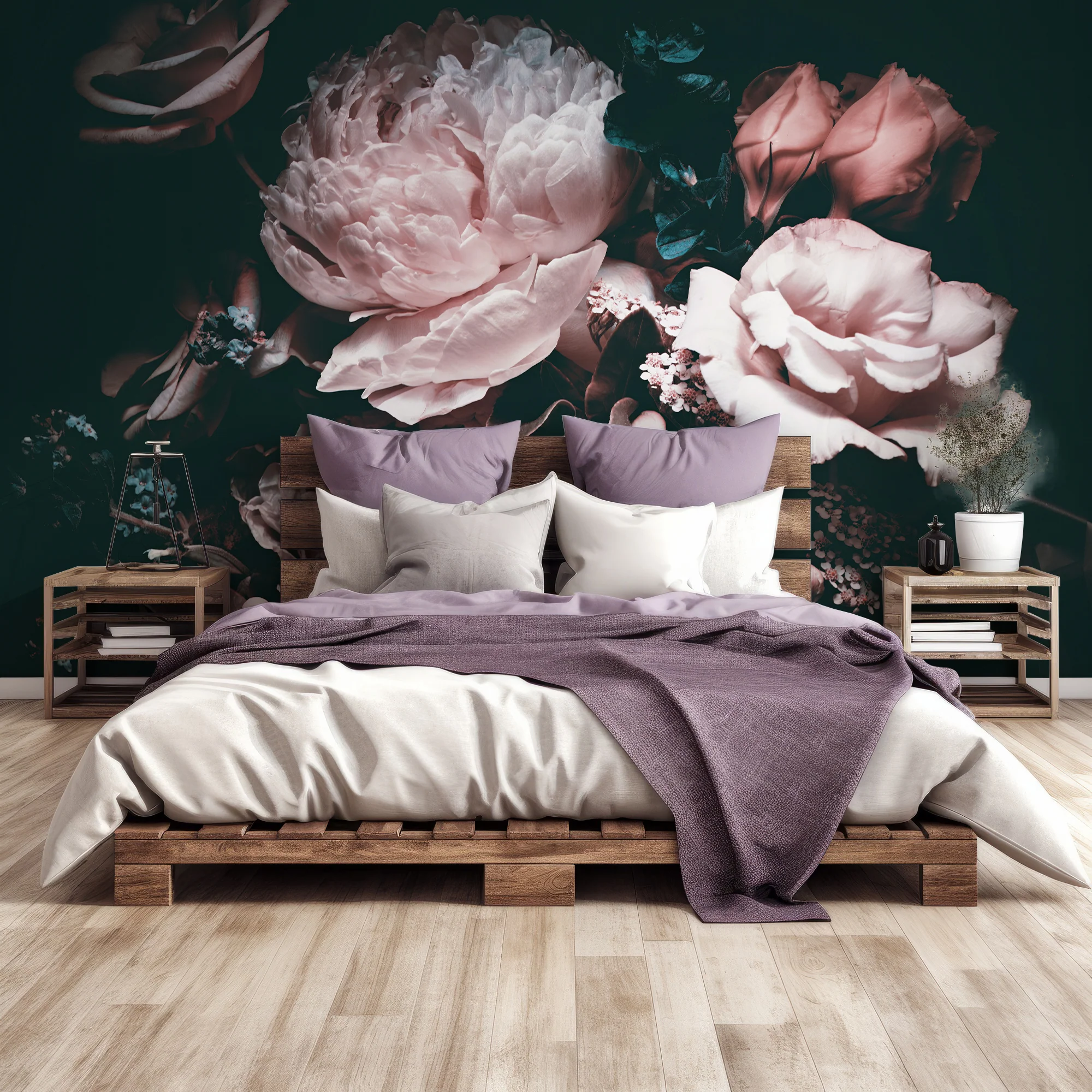 Paeonia - Dark Floral Teal & Pink Peony Wallpaper Mural - Image 3