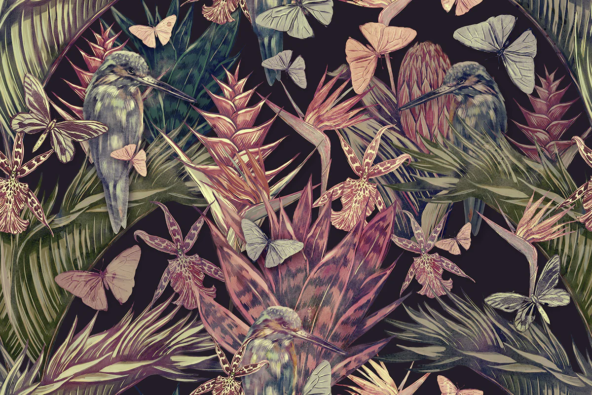 Calla - Dark Purple Hummingbird and Butterfly Floral Wallpaper Mural - Image 3