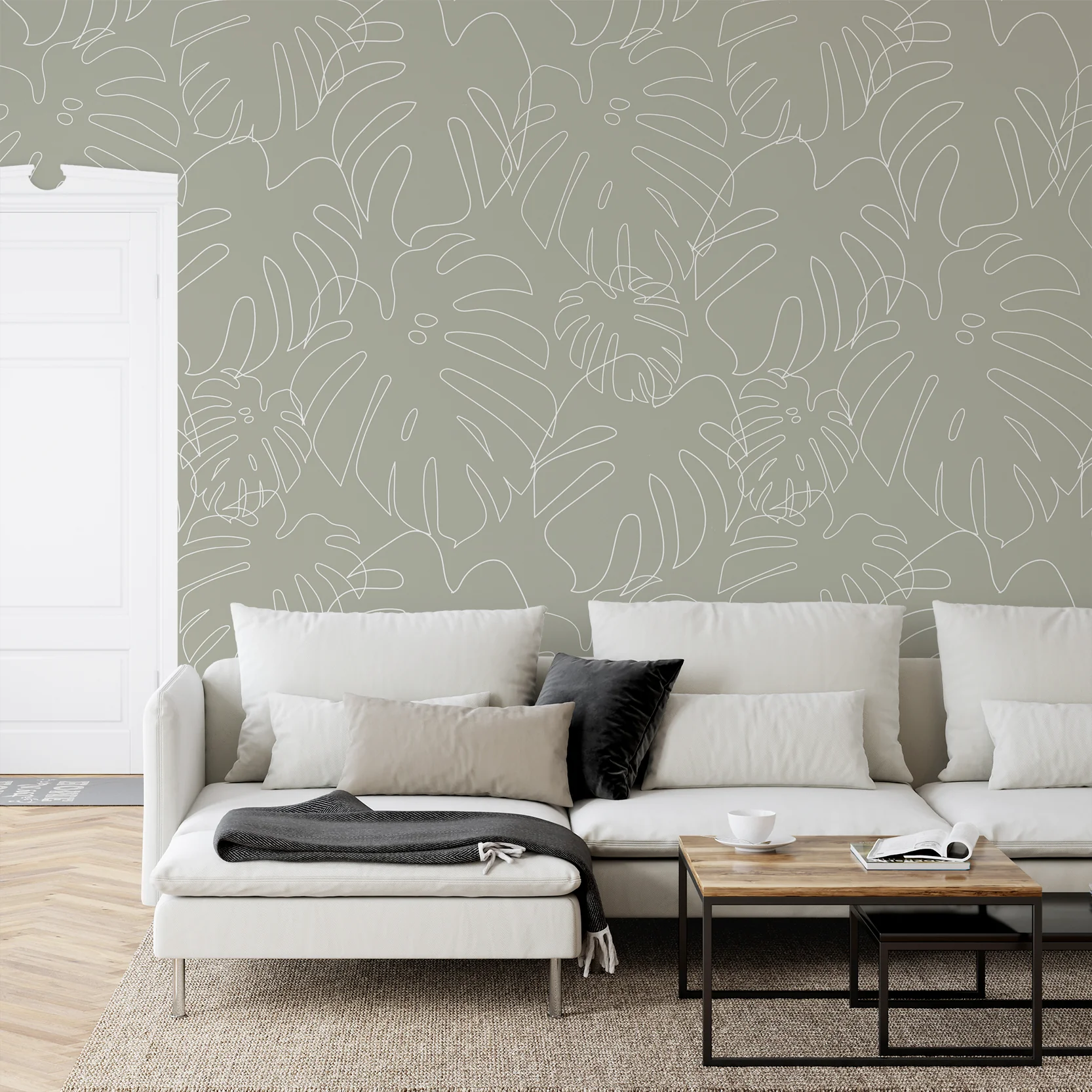 Minimal Monstera Green - Green Minimalistic Monstera Leaf Outlines Wallpaper - Image 3