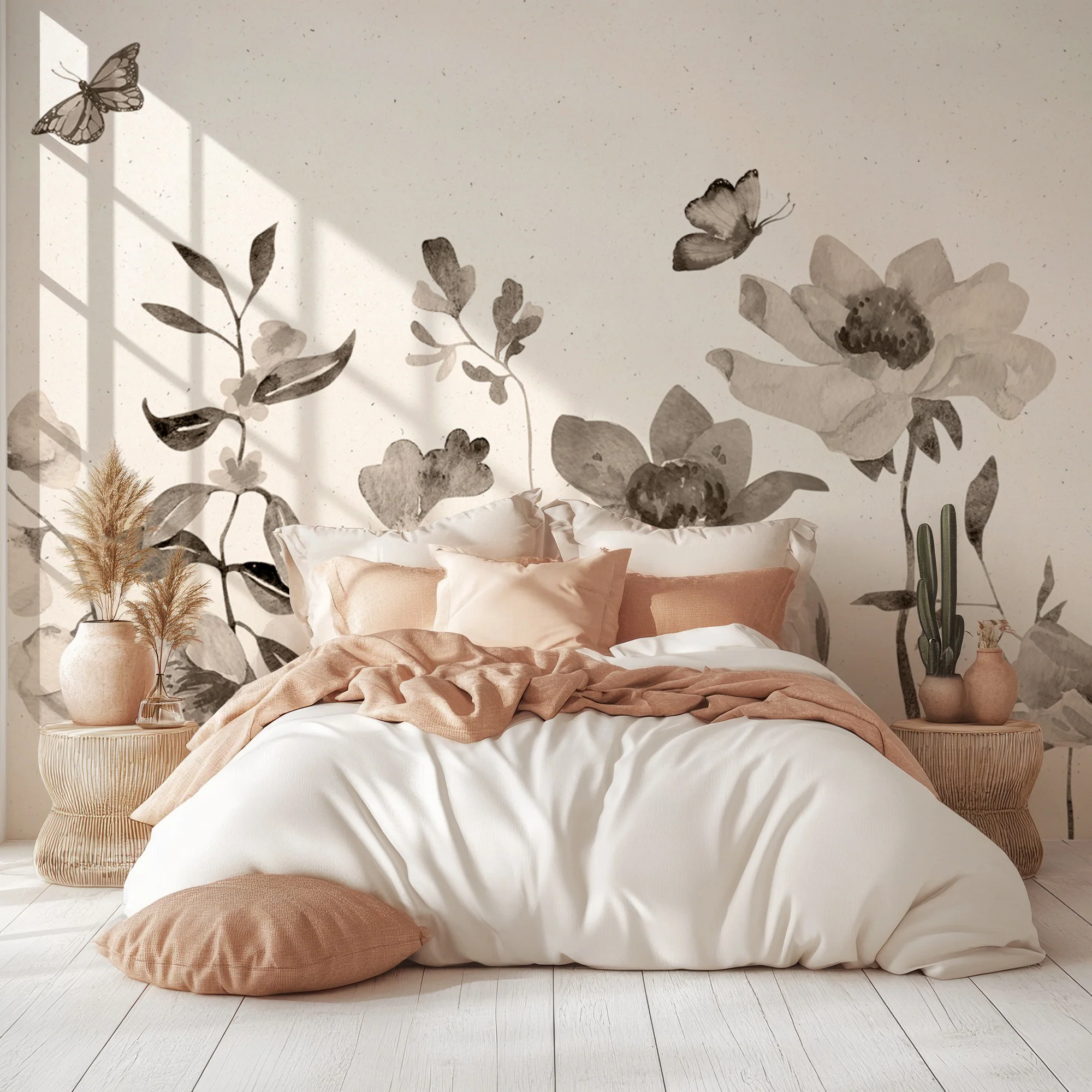 Garden Party Sepia - Mono Watercolour Flowers Wallpaper Mural - Image 3