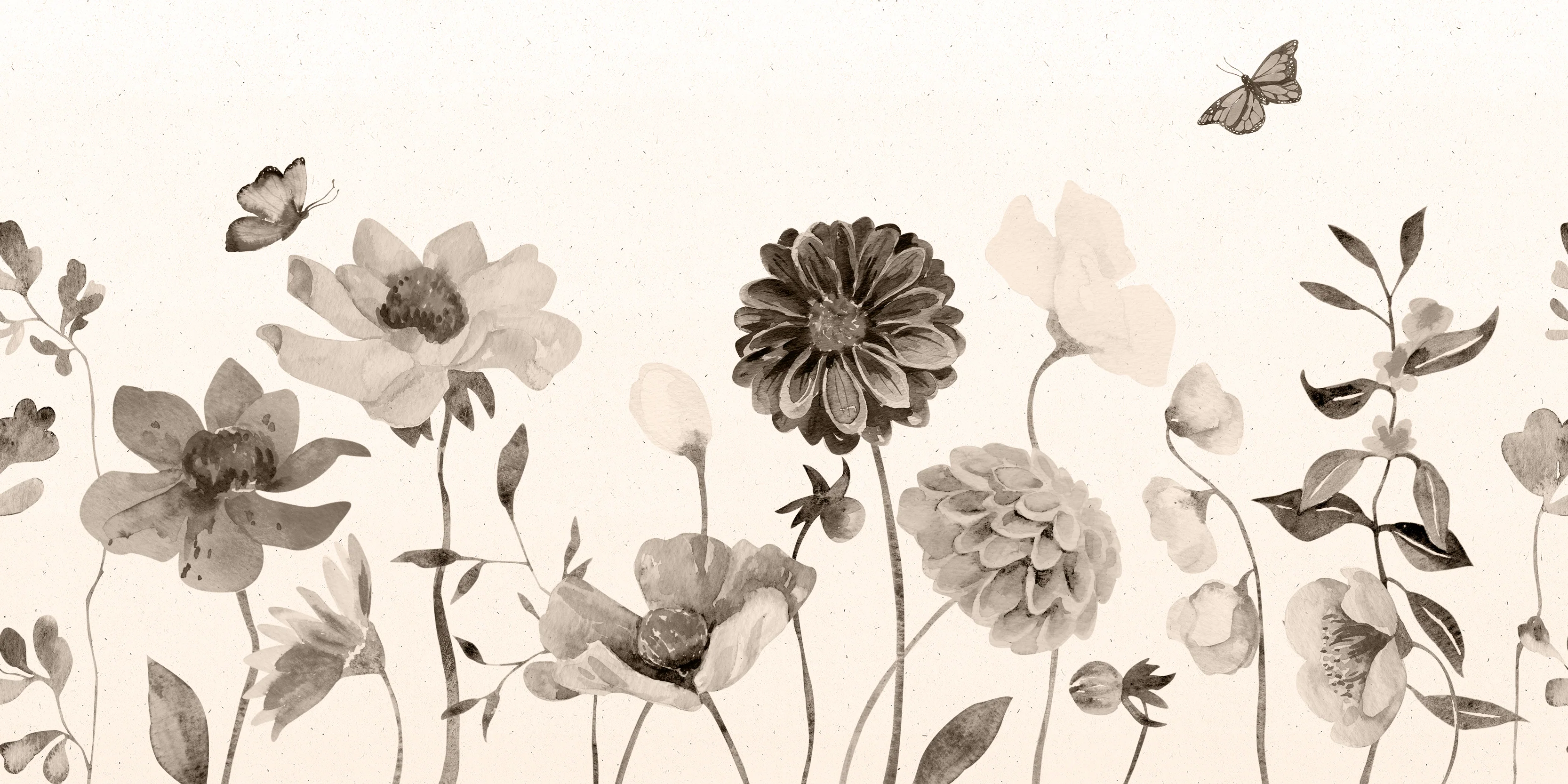 Garden Party Sepia - Mono Watercolour Flowers Wallpaper Mural - Image 4