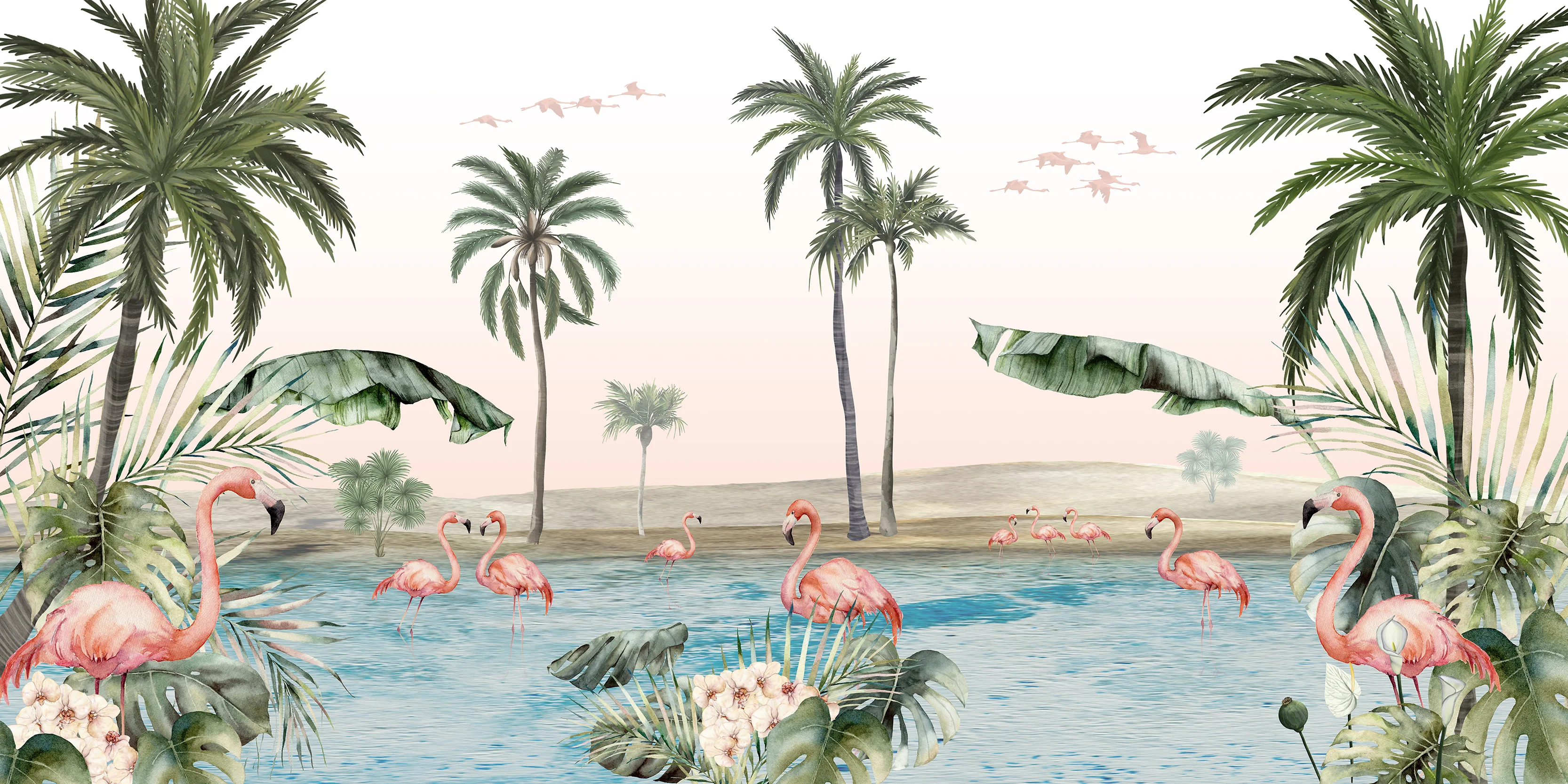 Oasis - Flamingo Oasis Watercolour Scene Wallpaper Mural - Image 3