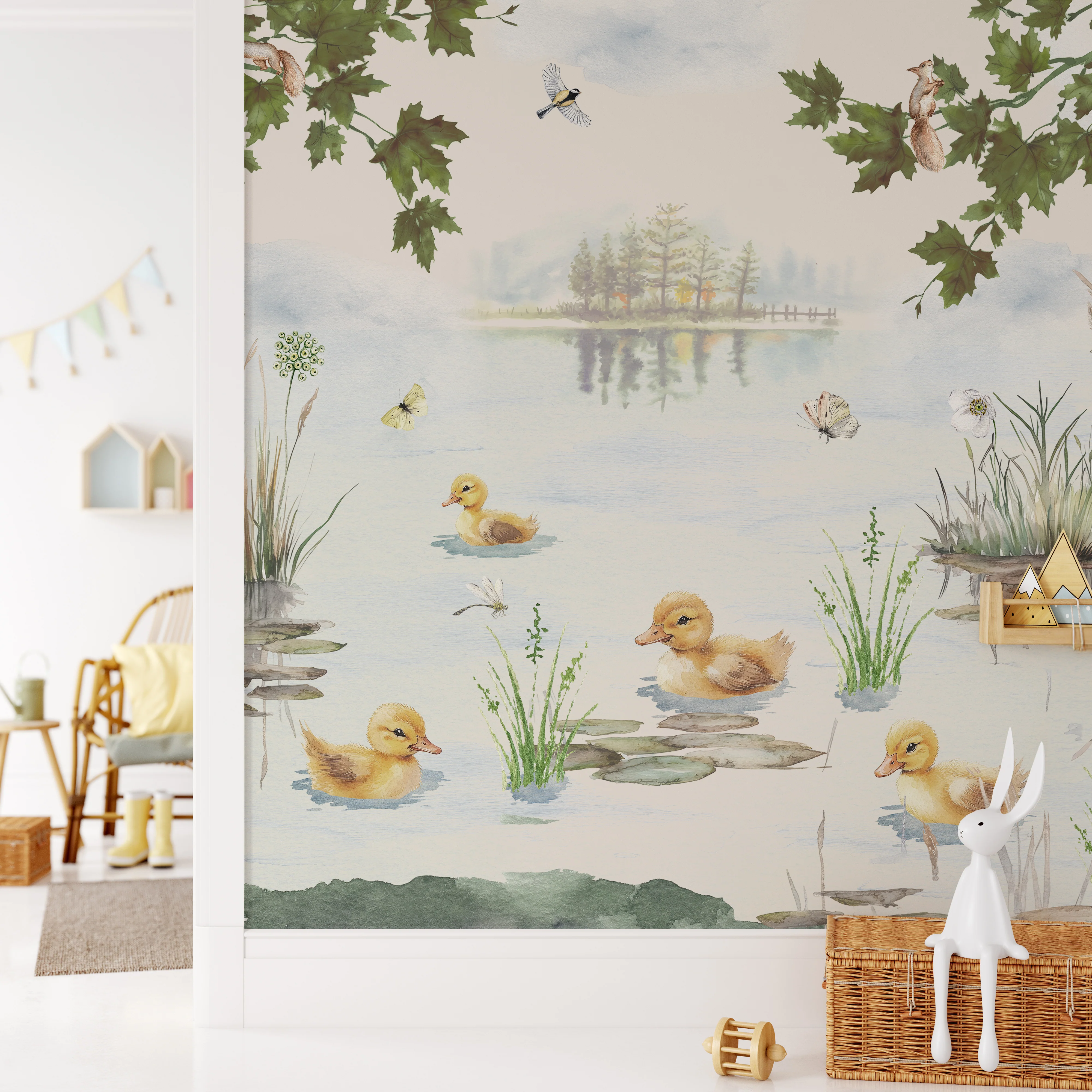 Puddles - Watercolour Countryside Duckling Painting Wallpaper Mural - Image 3