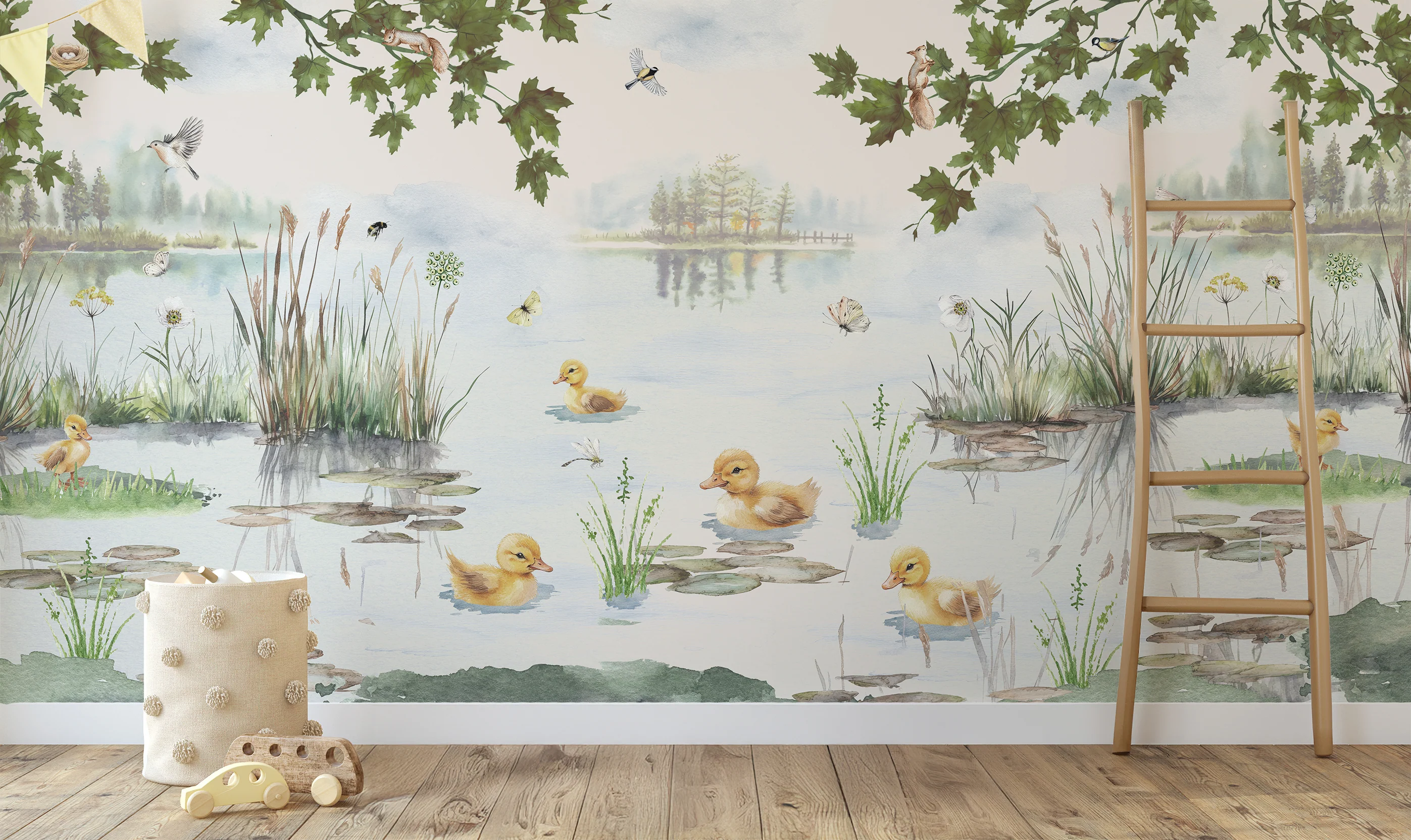 Puddles - Watercolour Countryside Duckling Painting Wallpaper Mural - Image 4