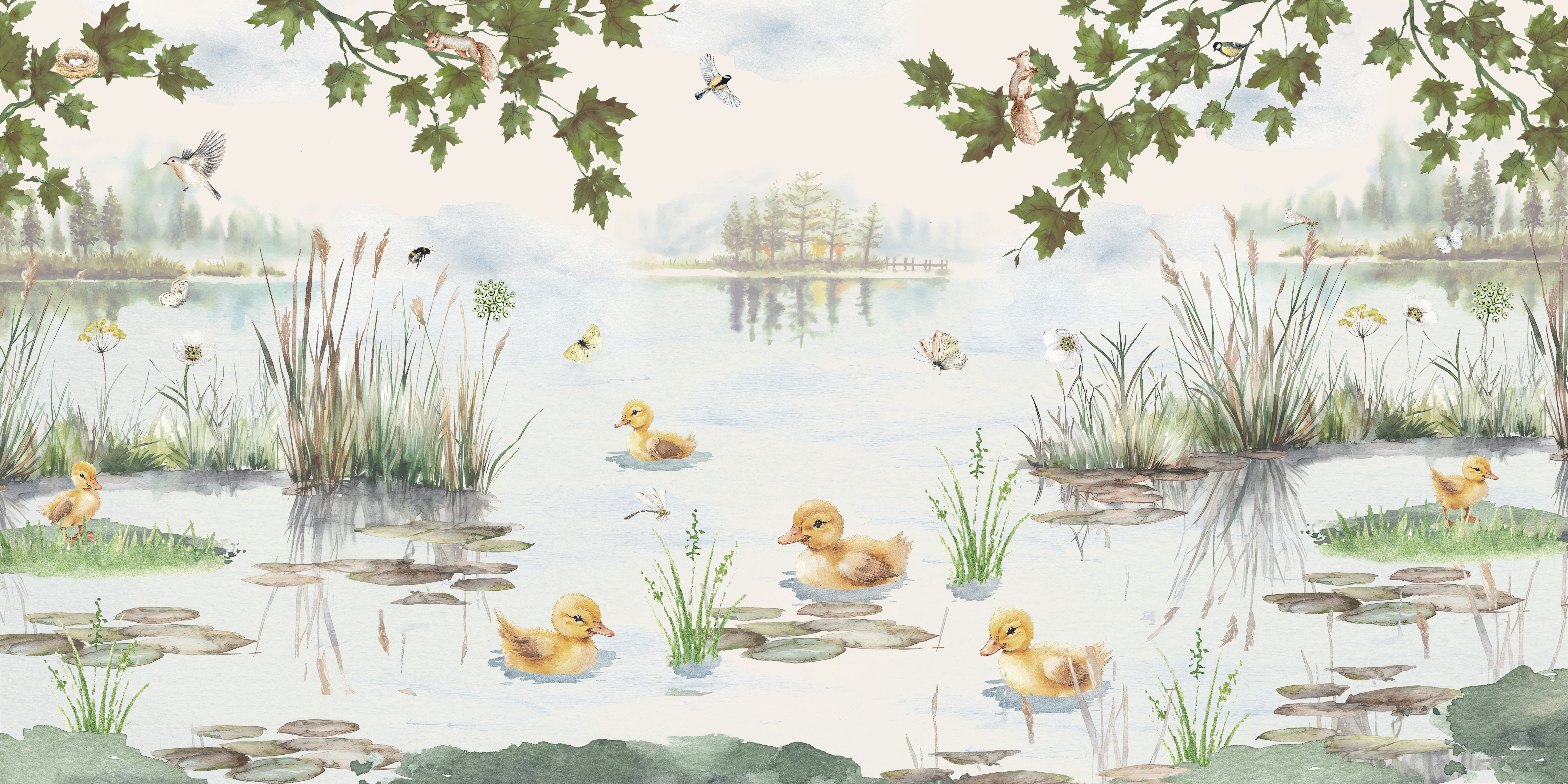 Puddles - Watercolour Countryside Duckling Painting Wallpaper Mural - Image 6