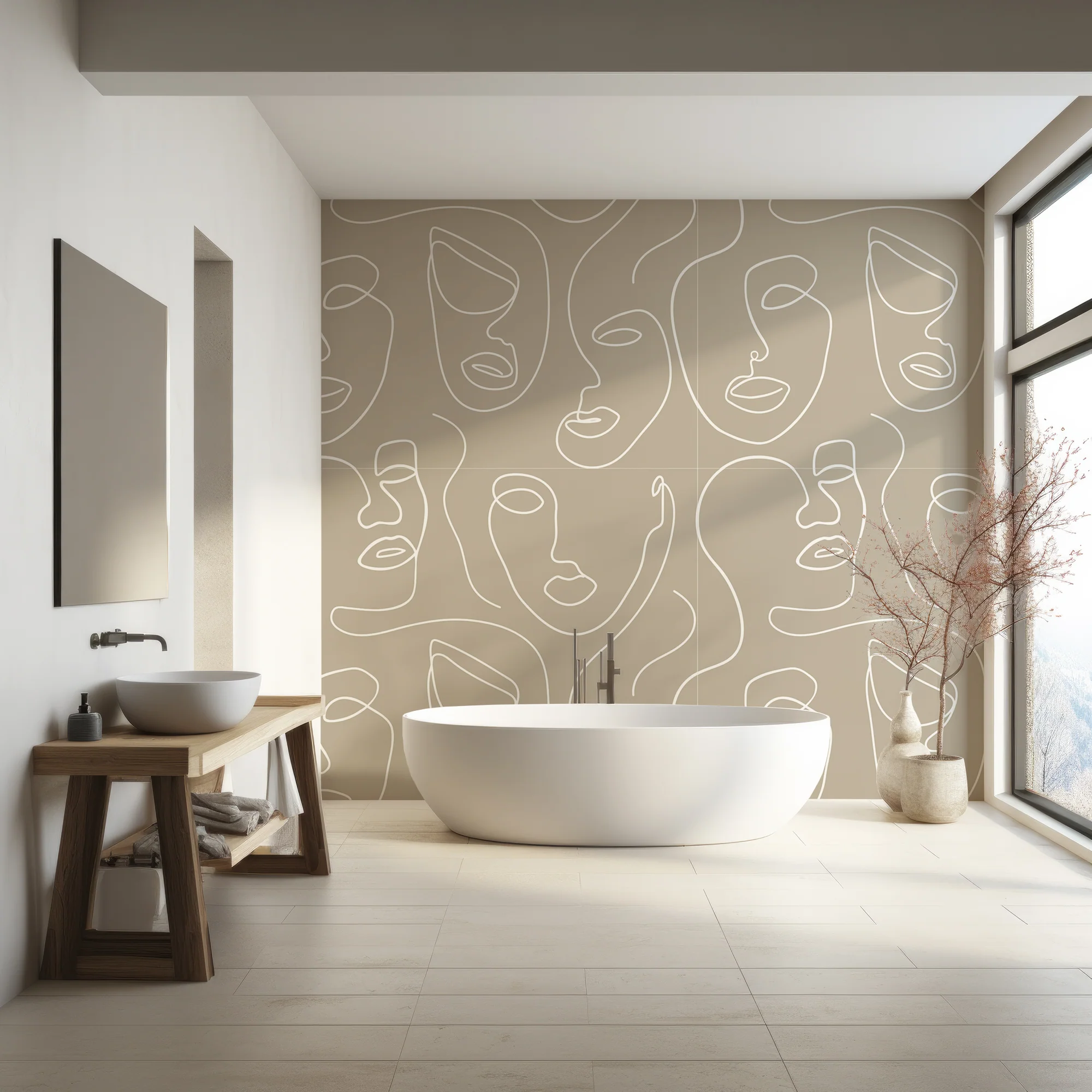 Robyn Sten - White & Grey Abstract Face Line Art Wallpaper Mural - Image 3
