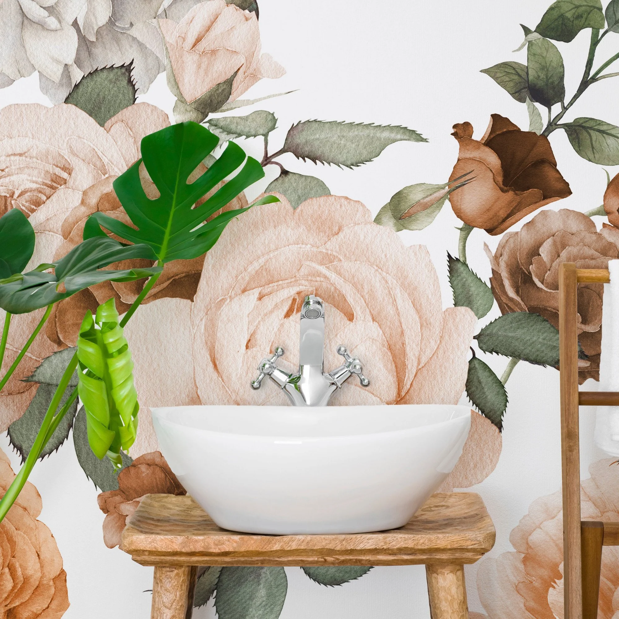 Rosie Copper - Copper Orange Floral Watercolour Wallpaper Mural - Image 3