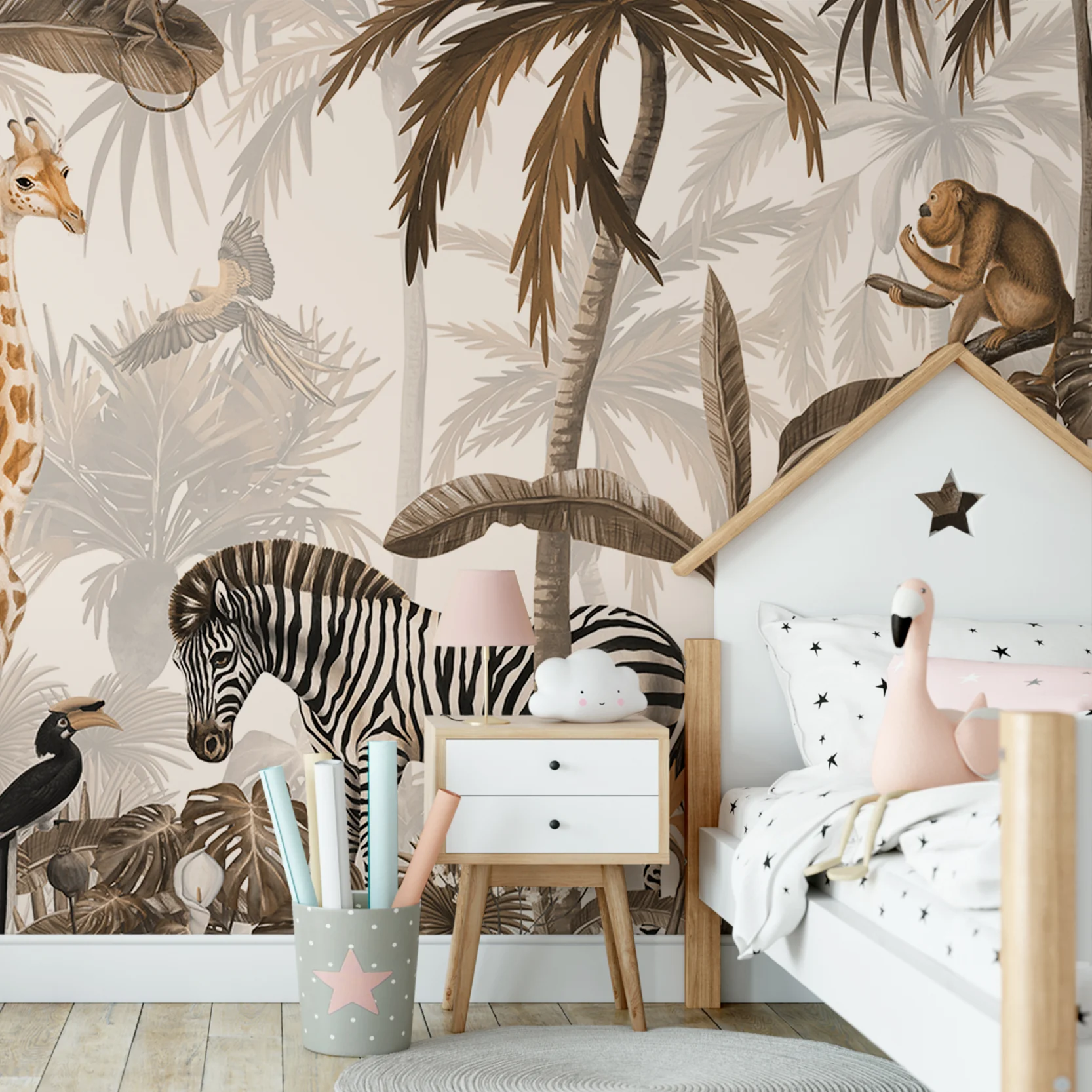 Jungle Jive Sepia - Children's Tropical Sepia Animal Jungle Wallpaper Mural - Image 3