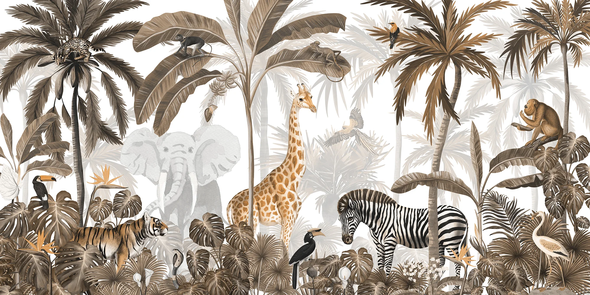 Jungle Jive Sepia - Children's Tropical Sepia Animal Jungle Wallpaper Mural - Image 5