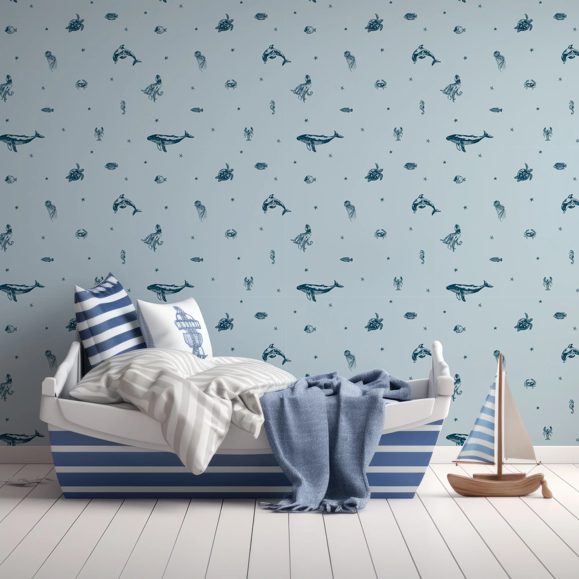 Starry Sea Life Ocean - Blue and Navy Sea Animals and Starfish Pattern Wallpaper - Image 3