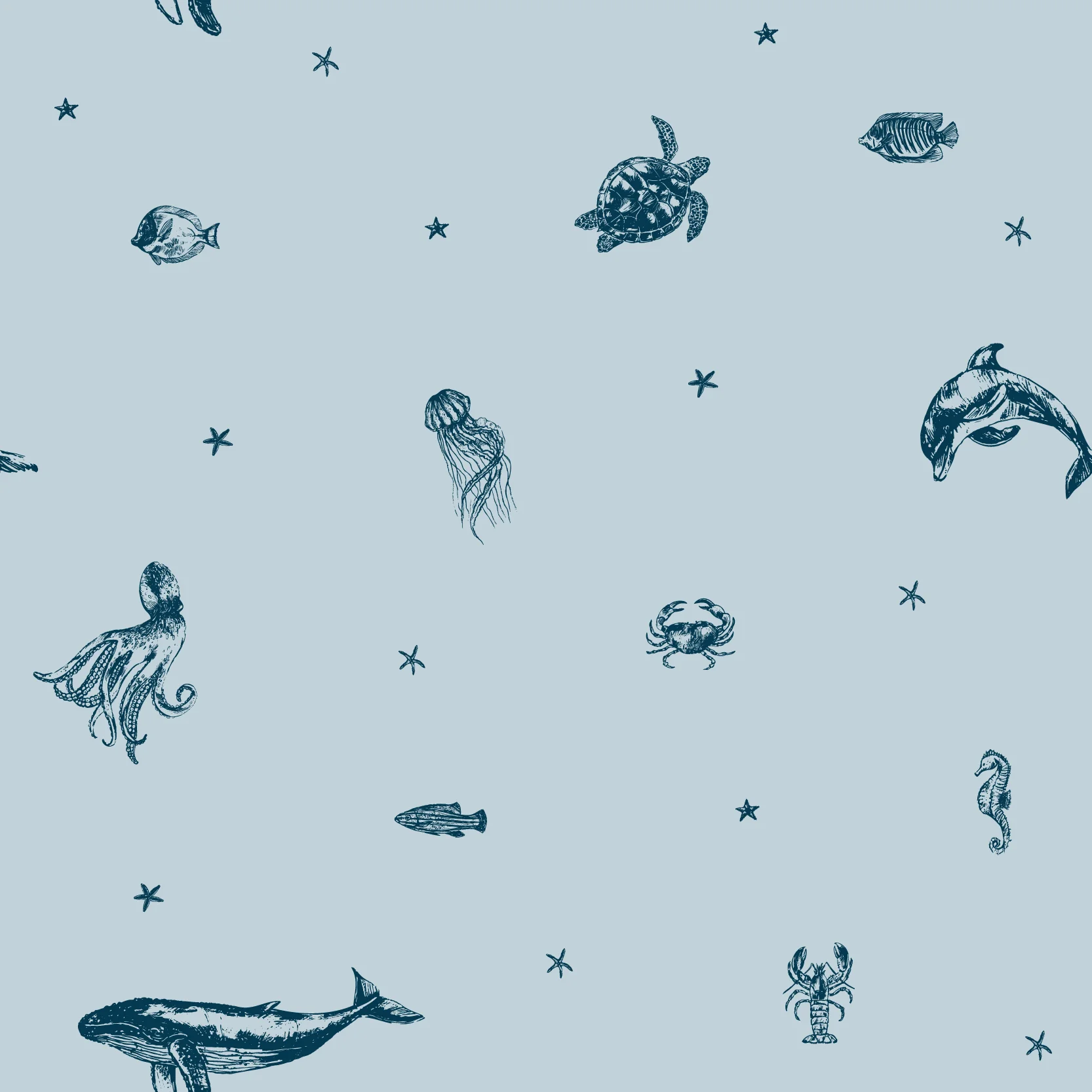 Starry Sea Life Ocean - Blue and Navy Sea Animals and Starfish Pattern Wallpaper - Image 4