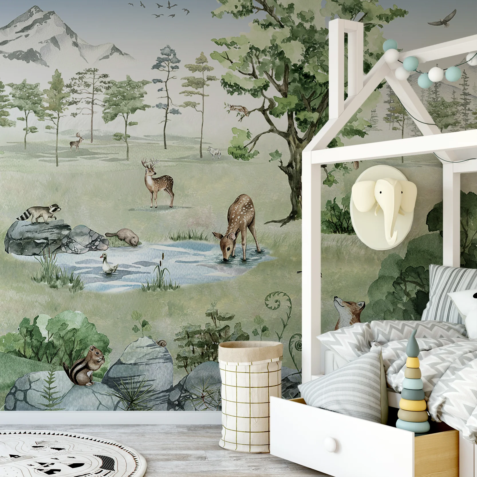 Deer Forest Summer - Woodland Animals and Trees Watercolour Illustration Wallpaper Mural - Image 3