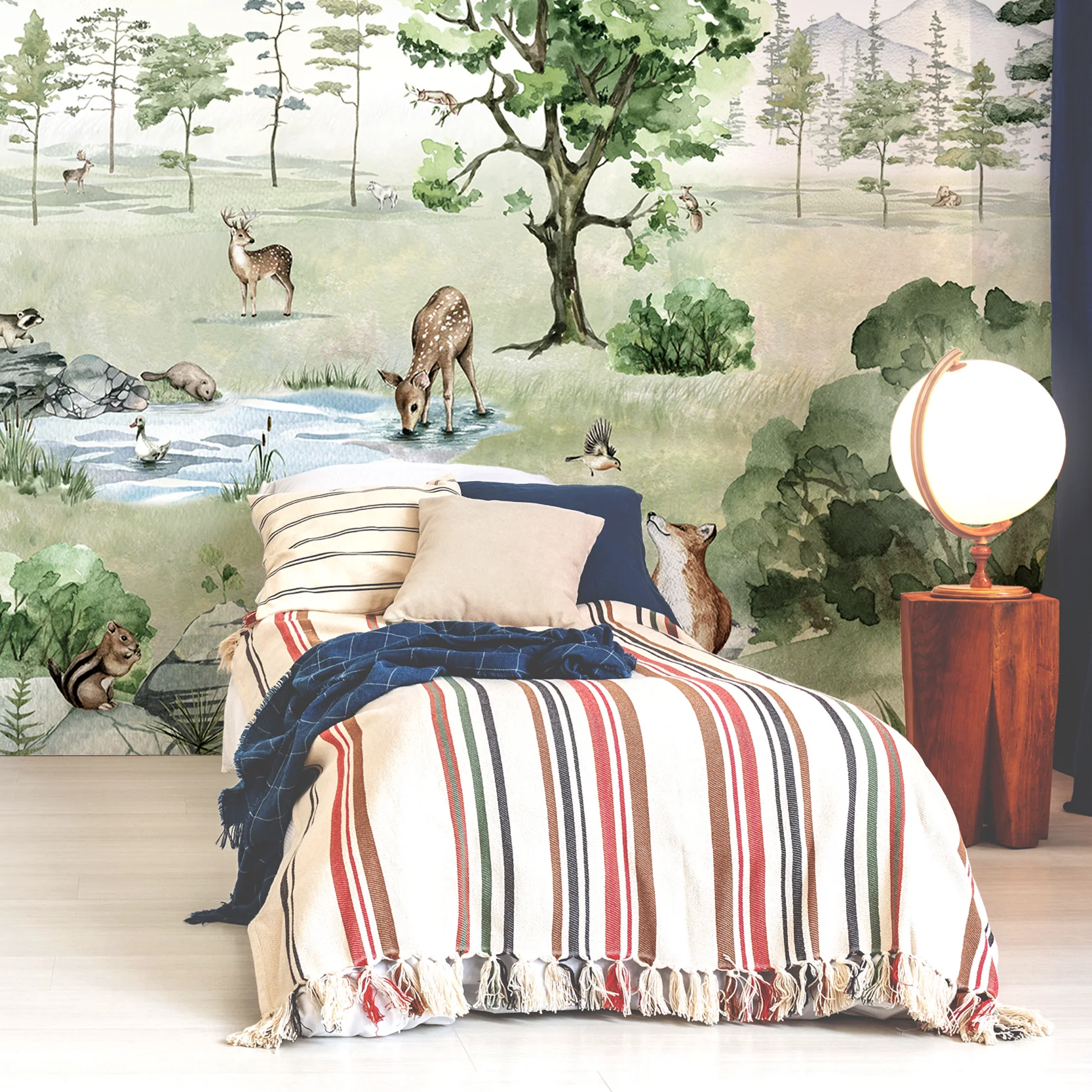 Deer Forest Summer - Woodland Animals and Trees Watercolour Illustration Wallpaper Mural - Image 4
