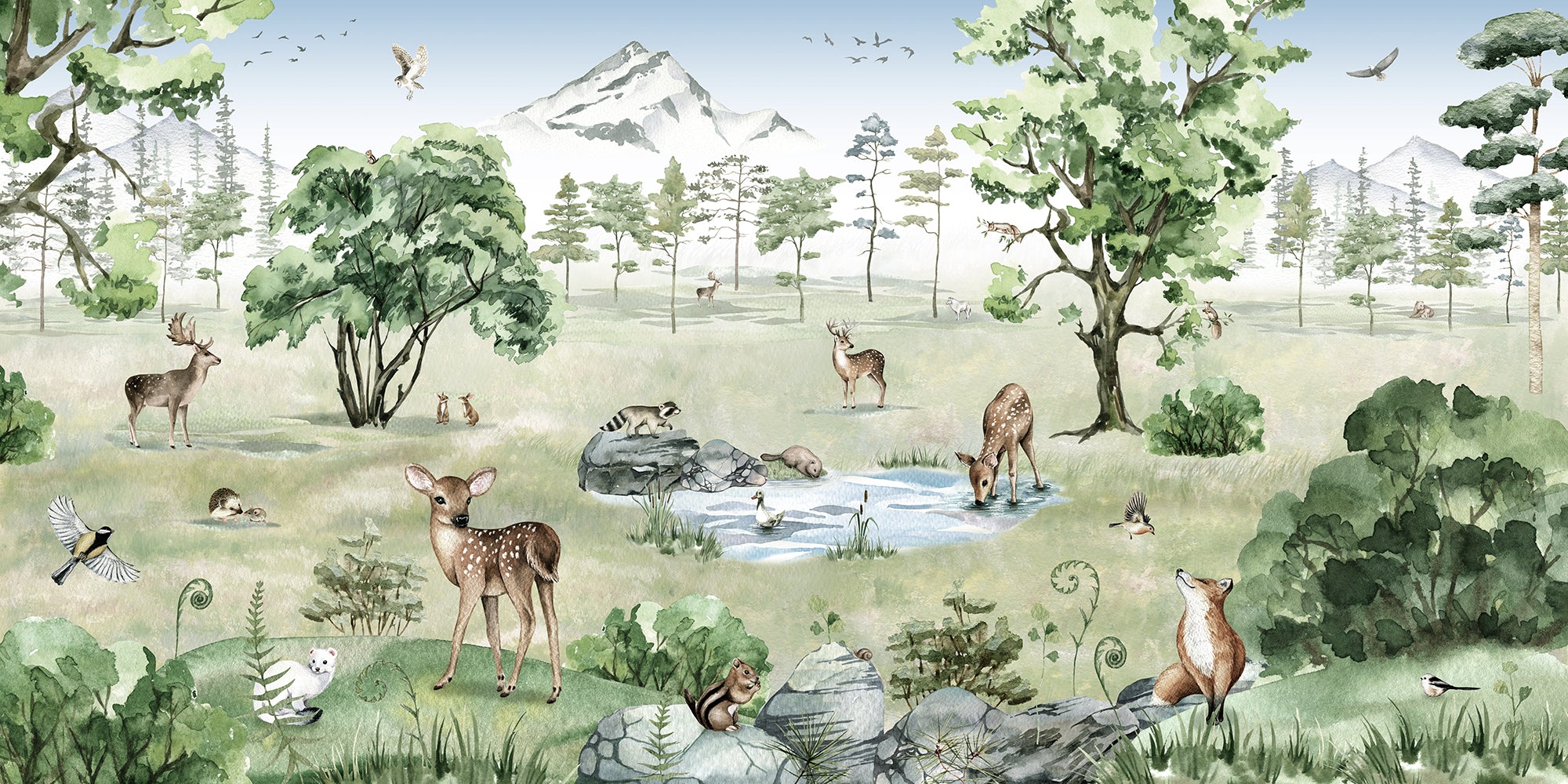 Deer Forest Summer - Woodland Animals and Trees Watercolour Illustration Wallpaper Mural - Image 6