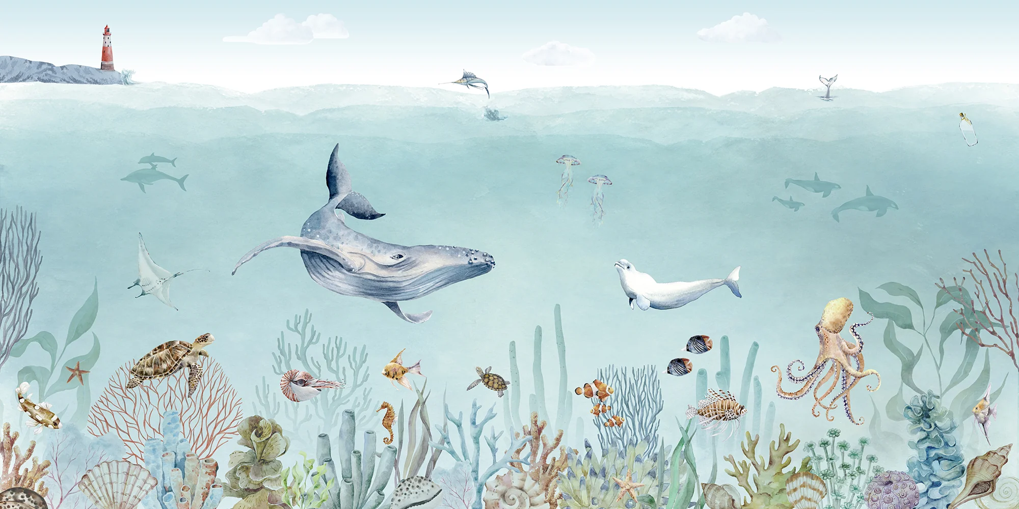 Secret Sealife - Under The Sea Watercolour Illustration Wallpaper Mural - Image 4