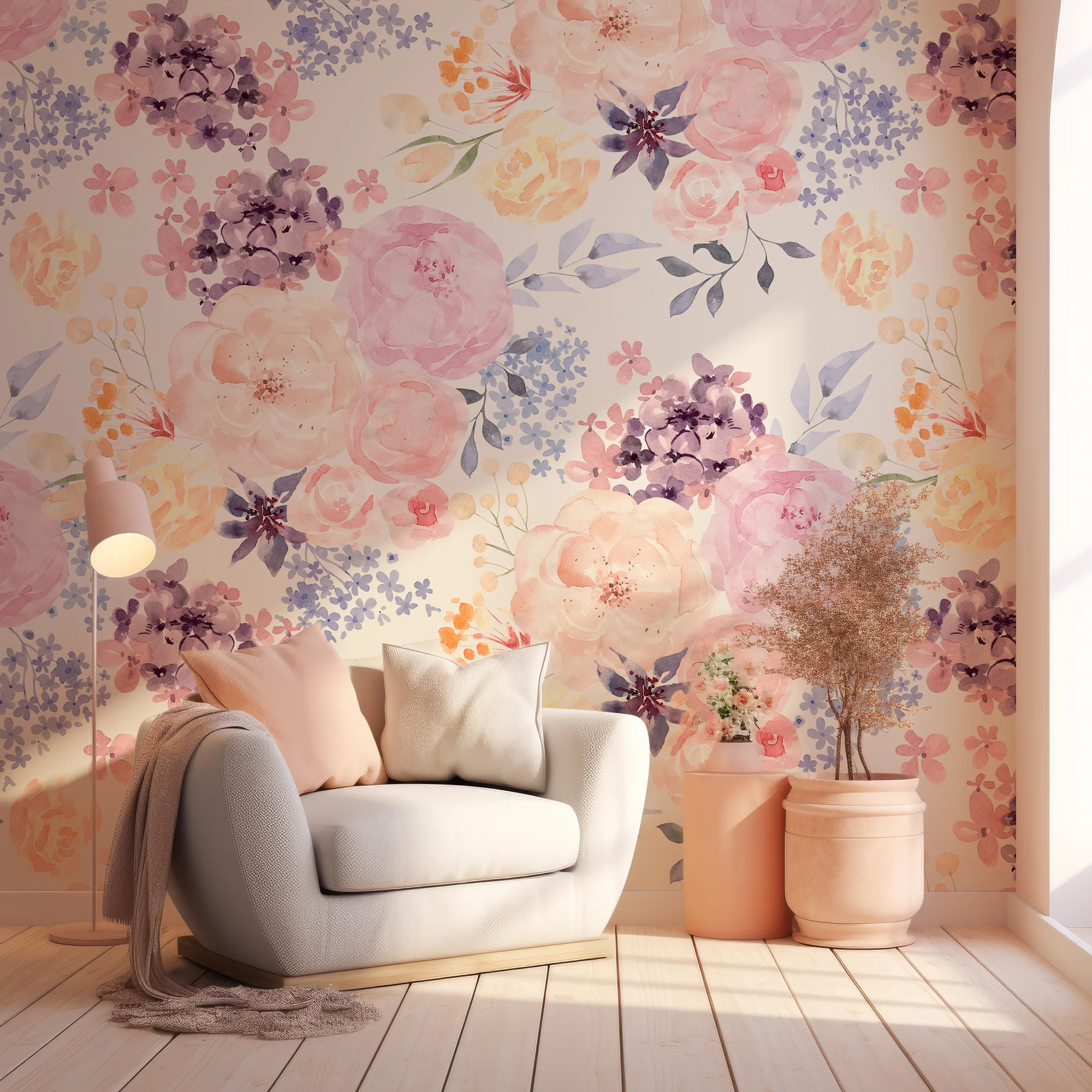 Pastel Rose Dreams - Watercolour Foliage Of Colourful Flowers Wallpaper - Image 3